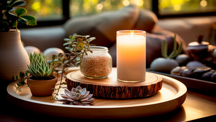 Obraz na płótnie Canvas Burning candles. Cozy home decor, atmosphere of relax and aromatherapy concept.