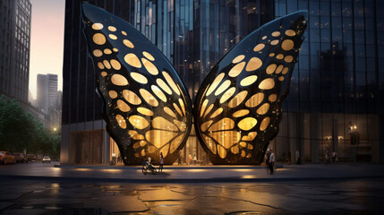 Butterfly style glass building in the city,wing, black  - obrazy, fototapety, plakaty
