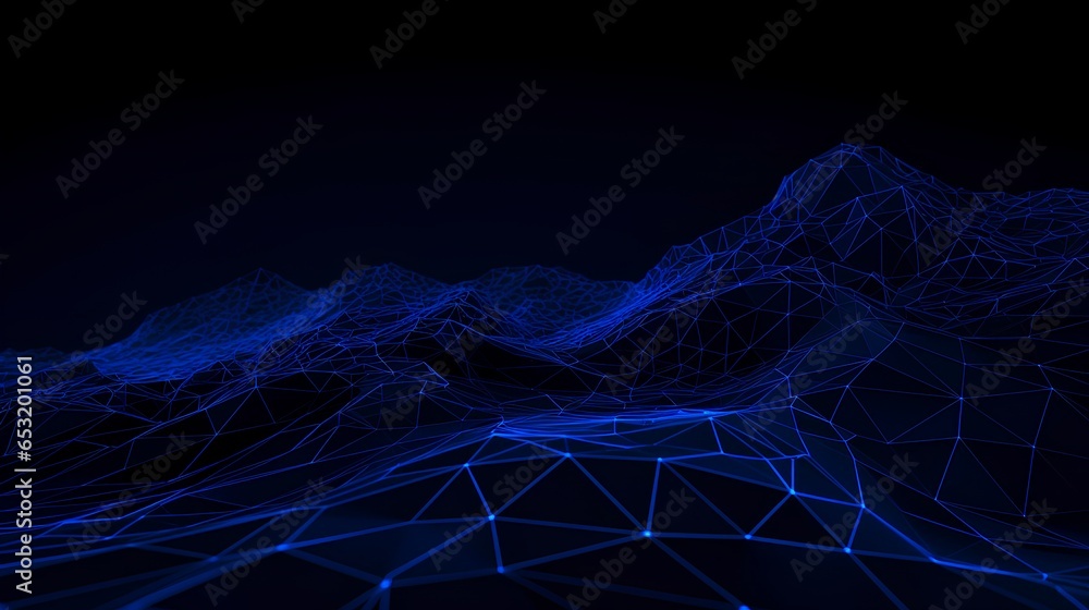 Poster a blue wireframe structure set against a dark background, creating a surreal and retro 3d effect. a 