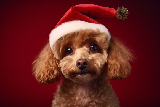 Close-up portrait photography of a funny poodle wearing a christmas hat against a rich maroon background. With generative AI technology