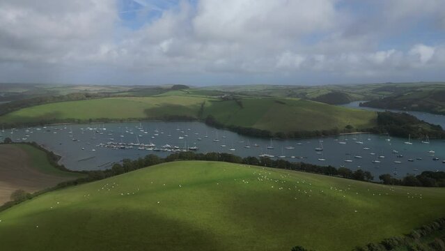 Salcombe, South Devon, England: DRONE VIEWS: Sheep grazing on South Hams countryside; the Kingsbridge estuary & yachts; Southpool Creek in the background. The Kingsbridge estuary is 5.3 miles long.