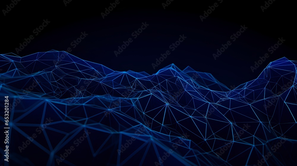 Poster a blue wireframe structure set against a dark background, creating a surreal and retro 3d effect. a 