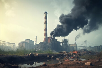 Garbage in front of smokestack factory industry and pollution concept - obrazy, fototapety, plakaty