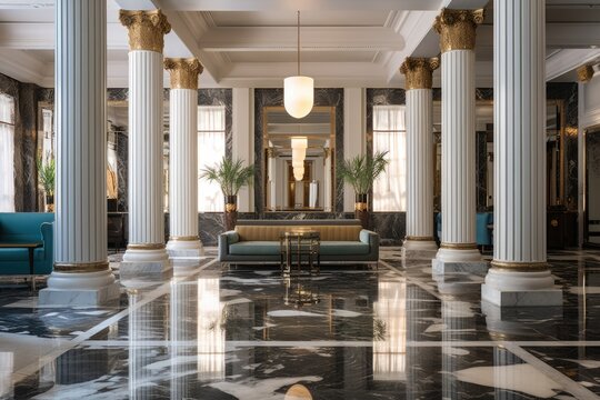 an office lobby with marble antique columns and a polished floor