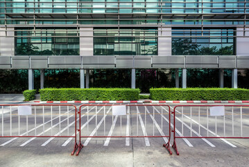 No entry in the modern office building. The restricted area with traffic steel barricades type without wheels.