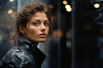 profil d'une jeune femme brune photographiée dans un environnement urbain, fond sombre - obrazy, fototapety, plakaty