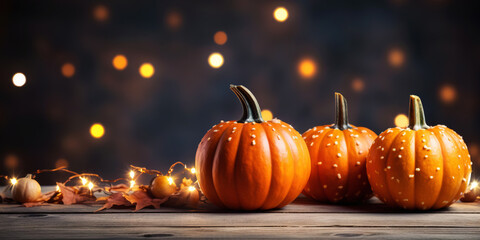 Pumpkins and candles on wooden table with wood backdrop. Halloween background. Generative AI