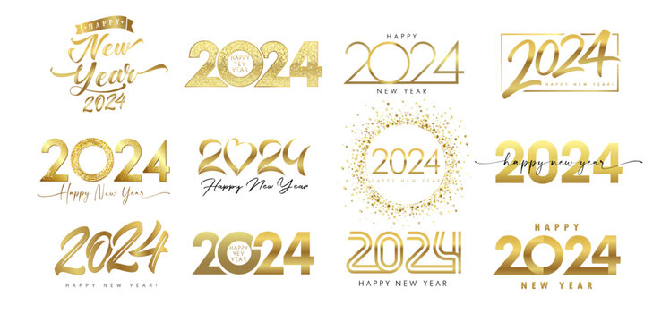 Set Of 2024 Golden Color Happy New Year Logo Text Design. Gold Number Vector Illustrationon On A White Background. Creative Luxury Xmas Greetings And New Year 2024 Celebration