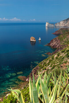 Costa Verde with Pan de Zucchero and Agusteri rock, Nebida, Sud Sardegna district, Sardinia, Italy, Mediterranean
