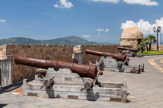 Historic cannons on the town wall of Alghero, Sassari province, Sardinia, Italy, Mediterranean