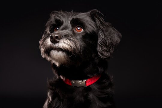 Group portrait photography of a curious havanese dog wearing a light-up collar against a dark grey background. With generative AI technology