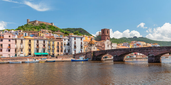 View over Temo River on Bosa and Malaspina castle, Oristano district, Sardinia, Italy, Mediterranean