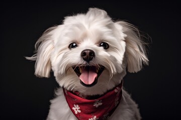 Close-up portrait photography of a smiling maltese wearing a bandana against a dark grey background. With generative AI technology