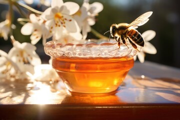 a bee entering a glass bowl filled with sunlit peach jam