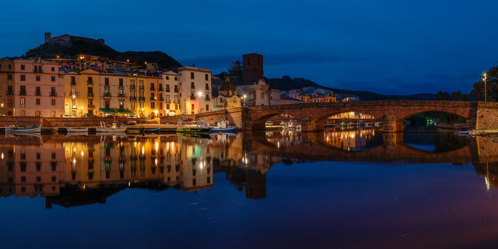 View over Temo River of Bosa and Malaspina castle, Oristano district, Sardinia, Italy, Mediterranean
