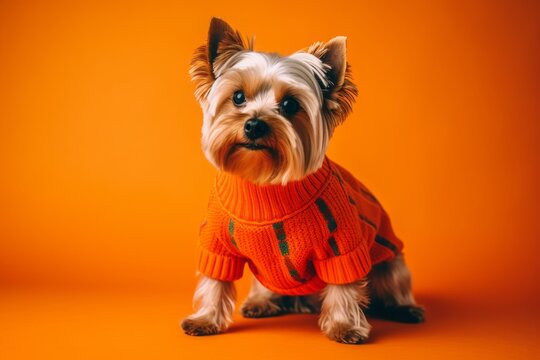Conceptual portrait photography of a funny yorkshire terrier wearing a festive sweater against a tangerine orange background. With generative AI technology