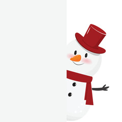 Snow man behind a blank banner. Template for Christmas banners, cards, invitations, wish list