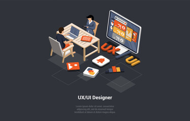 UX UI Design. Digital Arts, Typeface, Icons Concept. Designers Team Man And Woman At Workplace In Office Create Interface Of Application For Mobile And PC. Isometric 3d Cartoon Vector Illustration