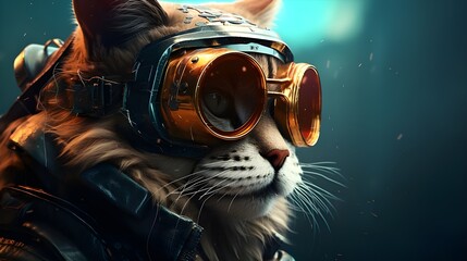 Futuristic cyberpunk cat portrait with goggles  - obrazy, fototapety, plakaty