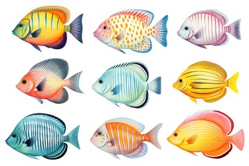set of watercolor colorful tropical fish isolated on white background - obrazy, fototapety, plakaty