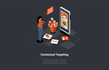 Contextual Targeting, Ppc Online Advertising Concept. Marketing Context Campaign With Laptop, Woman Near Funnel, Ads, And Icons. Analytics, Strategy, Profit Growth. Isometric 3d Vector Illustration
