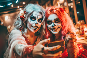 Girlfriends in Halloween costumes having fun and take selfies at the party