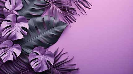 Flatlay collection of tropical leavesfoliage plant in pastel purple color on the purple background.