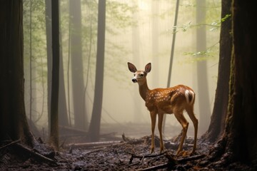 a fawn standing alone in a mist-filled forest clearing