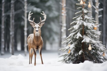 Naklejka na ściany i meble a single deer standing by a snow-covered christmas tree
