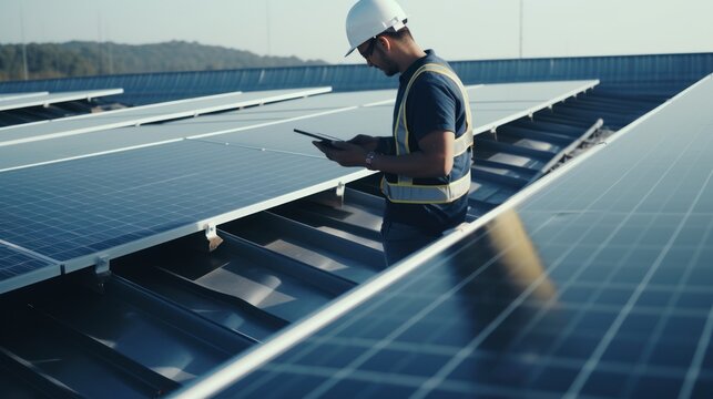 Technical engineer checking and installing solar panel, clean energy.
