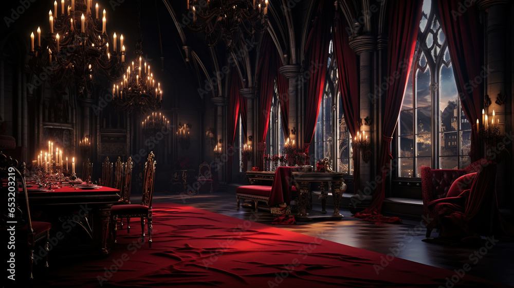 Wall mural vampire dracula castle interior, victorian red furnitures. halloween concept. generative ai