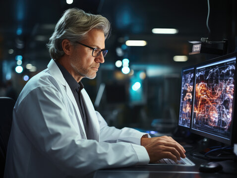 Research of future, workflow of mature serious male scientist in uniform and glasses working on PC in modern futuristic high-tech laboratory, look at computer screen make analysis, review test results