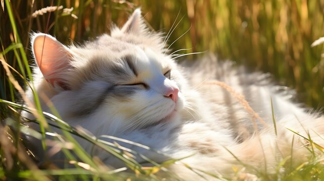 A cat laying in the grass in front of a sunset