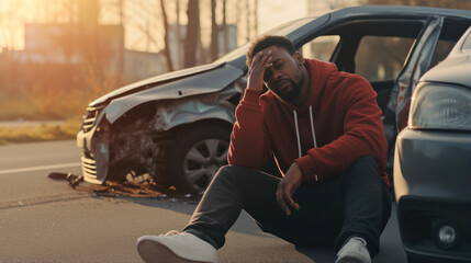 Unfortunate Scene: Young Black Man in Distress, Clutching His Head Near Wrecked Car After Street Accident. Collision Consequences and Traffic Rule Violation. - obrazy, fototapety, plakaty