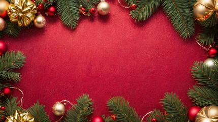 Fototapeta na wymiar Christmas red background with Christmas fir branches, toys, balls and gifts. Top view, empty space for text