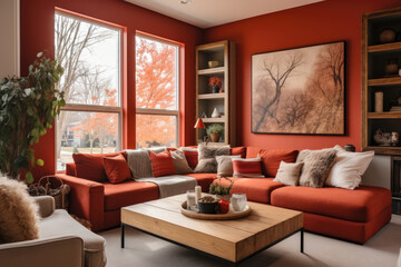 Step into the inviting warmth of a spacious, contemporary living room adorned with stylish furniture, cozy seating, and accent pieces, bathed in brick red colors, boasting a bookshelf, fireplace