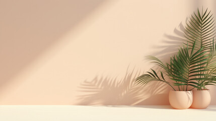 Minimalist Product Presentation: Mockup with Subtle Shadows, Palm Leaves, and Light Pastel Wall - An Abstract Background for Showcase and Display.