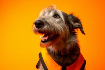 Close-up portrait photography of a happy irish wolfhound dog wearing a safety vest against a tangerine orange background. With generative AI technology