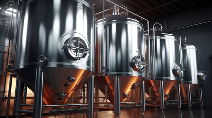Brewery Craftsmanship: Interior of a Brewery Factory with Fermentation Mash Vats and Boiler Tanks, Showcasing the Modern Production of Quality Draft Drinks..