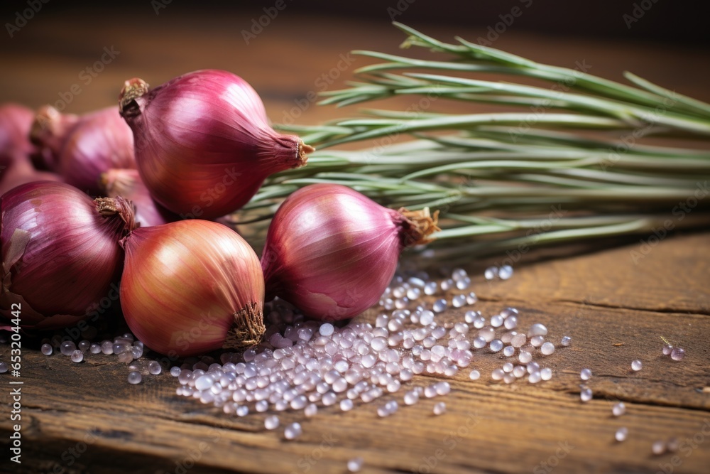 Canvas Prints a handful of onion seeds against a rustic wooden background