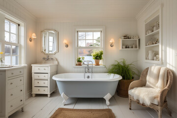 Embrace the Serenity and Elegance of a Cozy Cottage Bathroom with Vintage Clawfoot Tub, Beadboard Walls, and Rustic Charm for a Nostalgic Retreat of Warmth and Comfort.