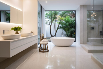 Fototapeta na wymiar Immerse in the Serene Oasis: Experience the Luxurious Elegance of a Stunning White Bathroom Interior, with Tranquil Ambiance and Modern Aesthetic, offering Spacious Comfort, Clean and Stylish Design