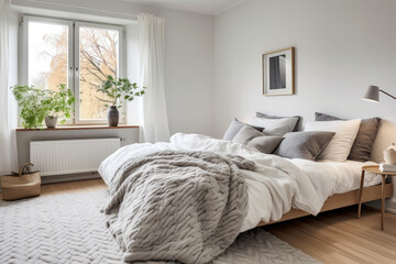A Serene Scandinavian Bedroom with Cozy Wood Furnishings, Soft Textiles, and Abundant Natural Light, Embracing the Minimalistic and Comforting Aesthetic of Scandinavian Design