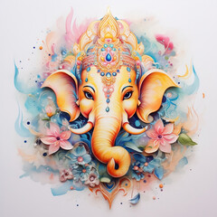 Ganesh chaturthi portret illustration watercolor on light background. - obrazy, fototapety, plakaty