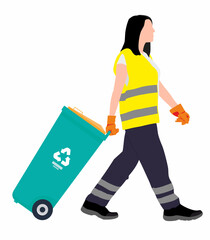 Female janitor or garbage collector pulling garbage bin after collecting trash on isolated white background.  - obrazy, fototapety, plakaty
