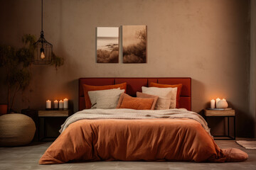 Experience the Serene Harmony of a Stylish and Inviting Bedroom Retreat with Rich Terracotta Colors, Cozy Textures, and Earthy Accents, Creating a Warm and Tranquil Ambiance.