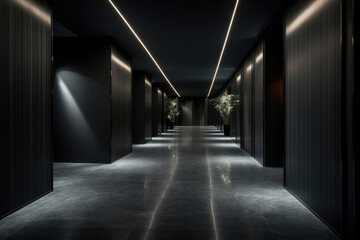 An Elegant and Serene Monochromatic Hallway Interior, Seamlessly Blending Captivating Charcoal Tones with Sleek Modern Elements, Subtle Lighting, and Architectural Shadows.