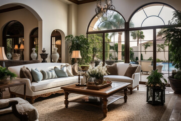 Fototapeta premium A Timeless Mediterranean Retreat: Luxurious Living Room with Breathtaking Views, Vibrant Colors, and Tranquil Coastal Elements, Creating an Inviting and Relaxing Ambiance.