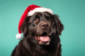 Headshot portrait photography of a happy newfoundland dog wearing a christmas hat against a pastel green background. With generative AI technology