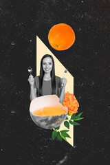 Collage of cheerful young girl holding utensils eating healthy food egg yolk add orange fruit...